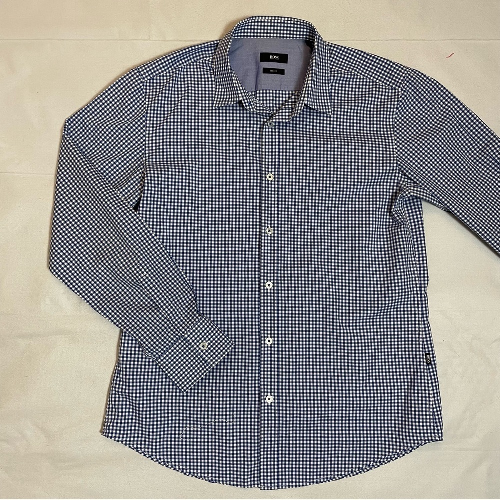 Hugo Boss Sonny Slim Fit Plaid Blue Cotton Long Sleeve Dress Shirt Size L